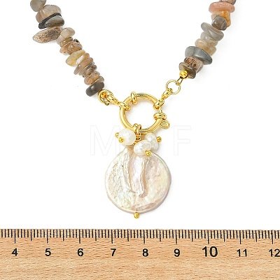 Ocean Natural Baroque Keshi Pearl Coin Pendant Natural Moonstone Chip Beaded Necklaces NJEW-JN06024-1