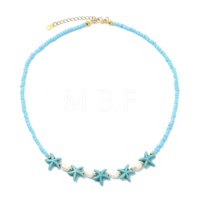 2Pcs 2 Styles Ocean Turtle Starfish Synthetic Turquoise & Natural Pearl & Glass Seed Beaded Necklaces NJEW-JN06130-04-1
