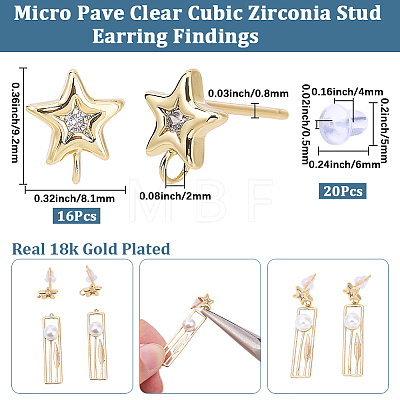 16Pcs Brass Micro Pave Clear Cubic Zirconia Stud Earring Findings MAK-SC0001-20B-1