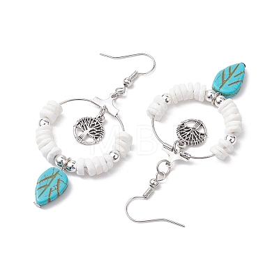 Natural Sea Shell Beads and Synthetical Dyed Turquoise Leaf Pendants Earrings EJEW-JE05921-1