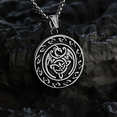 Vintage 304 Stainless Steel Viking Duo Dragon Coin Pendant Necklaces for Men WGF65AB-01-1