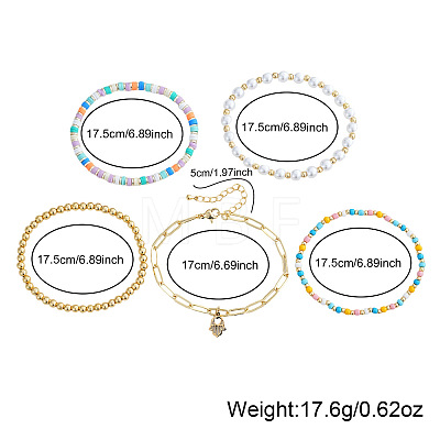 5Pcs 304 Stainless Steel & Handmade Heishi Polymer Clay/Glass Seed Bead/Plastic Bead Stretch Bracelet Sets AF7427-1-1