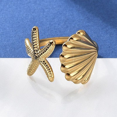 304 Stainless Steel Starfish & Shell Open Cuff Rings for Women LS-RJEW-C095-09G-1