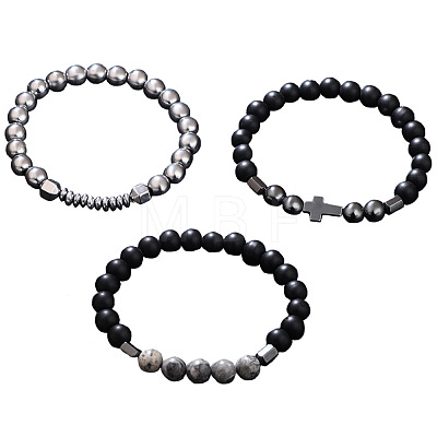 3Pcs Synthetic Non-magnetic Hematite & Natural Picture Jasper & Map Stone Beaded Stretch Bracelets Set for Men WG2E47F-01-1