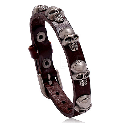 Alloy Skull Rivet Studded Cowhide Cord Bracelet SKUL-PW0004-33C-1