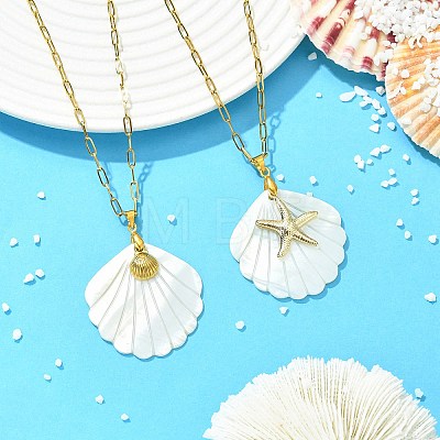 2Pcs 2 Styles Natural Shell and 304 Stainless Steel Starfish and Shell Shape Pendant Paperclip Chain Necklaces for Women NJEW-JN06215-1