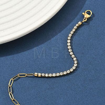 304 Stainless Steel Paperclip Chain & Rhinestone Cup Chains Bracelets for Women BJEW-D456-06G-01-1