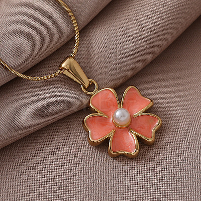 304 Stainless Steel Enamel with Imitation Pearl Flower Pendant Necklaces for Women ZA2839-2-1