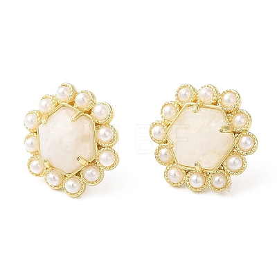 Natural Moonstone Hexagon Stud Earrings with Plastic Pearl Beaded EJEW-E287-01G-02-1