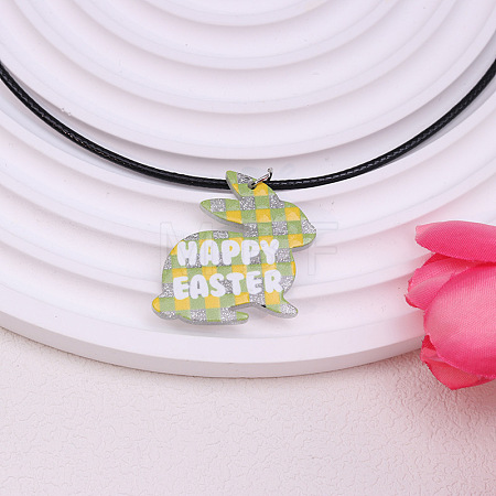 Colorful Happy Easter Acrylic Plaid Pendant Black Waxed Cord Necklaces for Women FS-WGC6641-07-1