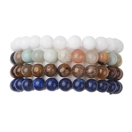 4Pcs Constellation 8mm Round Natural Lapis Lazuli & Malaysia Jade & Flower Amazonite & Yellow Tiger Eye Beaded Stretch Bracelets for Women BJEW-JB10638-1