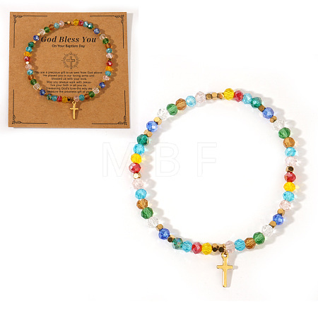 Natural Stone and Glass Faceted Rondelle Beaded Stretch Bracelets with Brass Religion Cross Charms for Women KR8721-6-1
