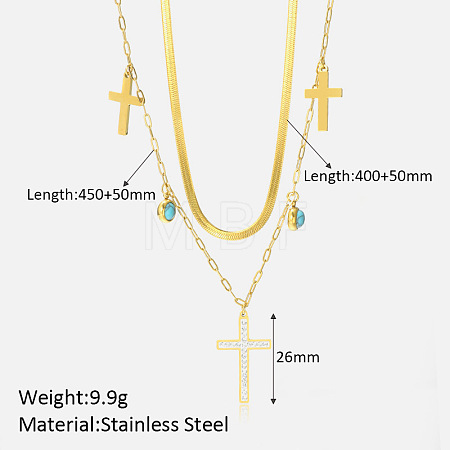 304 Stainless Steel & Clear Cubic Zirconia & Synthetic Turquoise Double Layer Necklaces FS-WG7985A-09-1