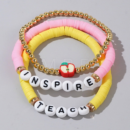 Teachers' Day Plastic Letter Inspire Teach Polymer Clay Heishi Beaded Stretch Bracelet Sets IE3330-4-1