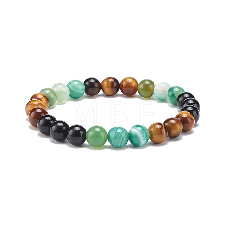 Natural Agate & Tiger Eye & Black Onyx Round Beaded Stretch Bracelet BJEW-JB08400-03-1