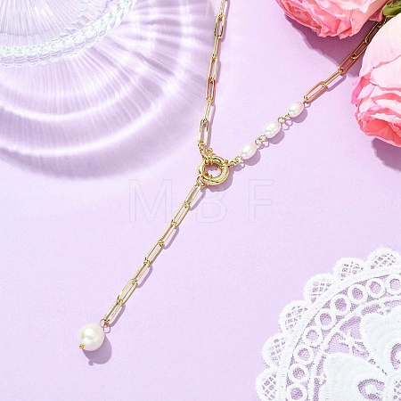 Natural Baroque Keshi Pearl Oval Tassel Brass Paperclip Chain Lariat Necklaces for Women NJEW-JN06009-1