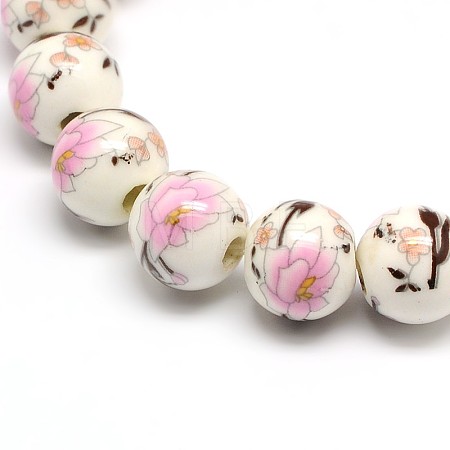 Handmade Flower Printed Porcelain Ceramic Beads Strands PORC-M007-10mm-06-1