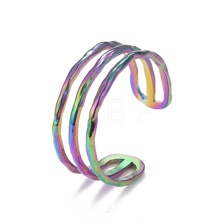 Ion Plating(IP) Rainbow Color 304 Stainless Steel Triple Line Open Cuff Ring for Women RJEW-C025-12M-1