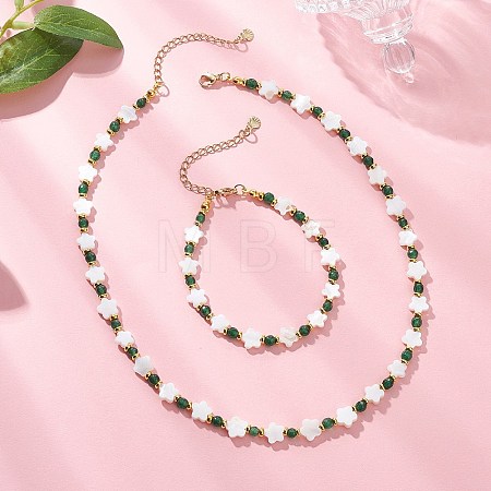 Flower Natural Freshwater Shell & Round Dyed Natural White Jade Beaded Bracelets & Necklaces Sets SJEW-JS01370-1