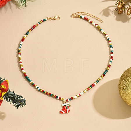 Christmas Alloy Enamel Pendant Colorful Glass Seed Beaded Necklaces FS-WG695D6-06-1