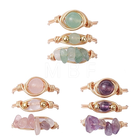 3Pcs 3 Styles Natural Rose Quartz & Amethyst & Green Aventurine Finger Rings RJEW-JR00745-1