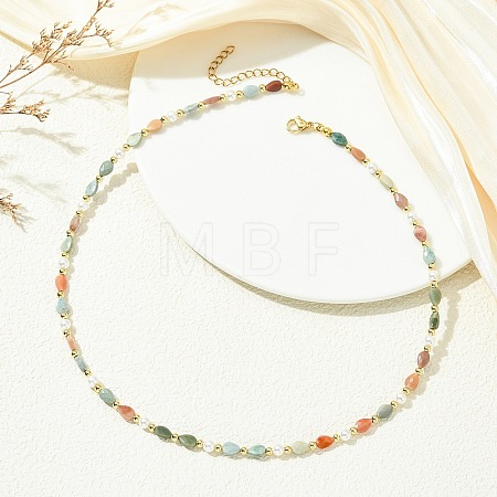 Natural Alashan Agate Teardrop and Round White Shell Pearl Beaded Necklaces NJEW-JN06246-02-1