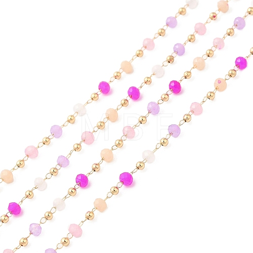 Faceted Rondelle Glass & Round 304 Stainless Steel Beaded Chains CHS-G026-01KCG-01-1