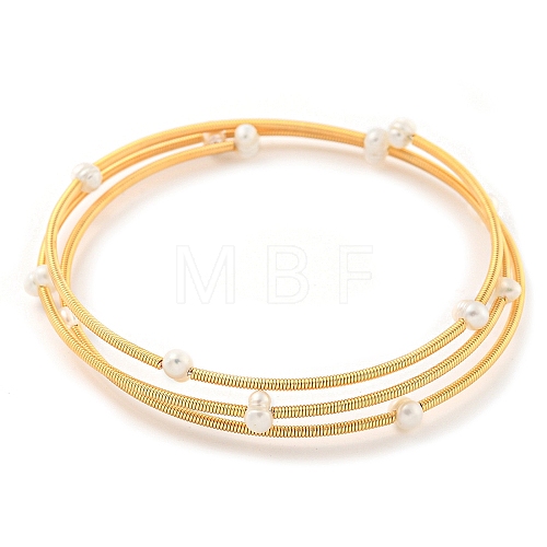 Three-Loops Brass & Natural Freshwater Pearl Beaded Wrap Bracelets for Women BJEW-F470-01G-1