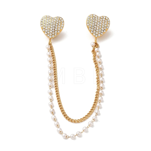 304 Stainless Steel Micro Pave Clear Cubic Zirconia & ABS Pearl Heart Hanging Chain Brooch JEWB-S021-09G-1