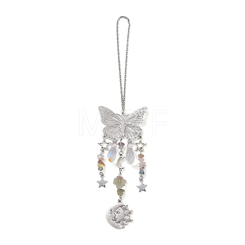 Natural Fluorite Butterfly Hanging Suncatcher Pendant Decoration DJEW-PW0008-19-34-1