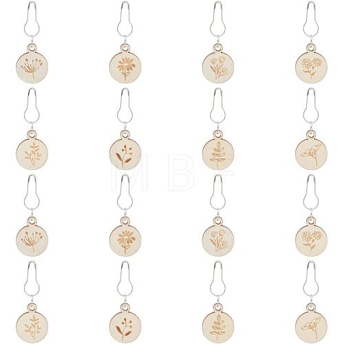 8Pcs 8 Style Flat Round with Flower Wood Charms Locking Stitch Marker HJEW-WH0042-32-1