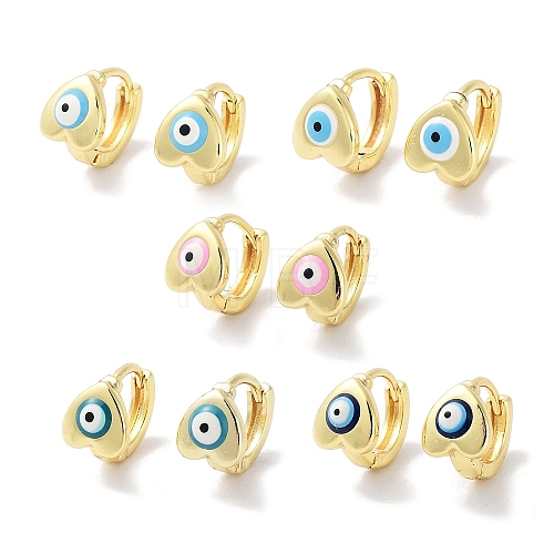 Real 18K Gold Plated Brass Enamel Evil Eye Heart Hoop Earrings for Women EJEW-L269-120G-1