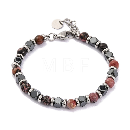 Natural Rhodochrosite & Magnetic Synthetic Hematite Round Beaded Bracelet BJEW-P339-02P-09-1