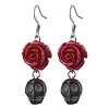Halloween Synthetic Coral Red Flower & Synthetic Turquoise Black Skull Dangle Earrings EJEW-JE06069-S-2