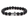 8MM Round Natural Lava Rock Beaded Stretch Bracelets with Synthetic Non-magnetic Hematite Cross FA1012-15-1