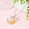 Natural Topaz Jade Wire Wrapped Moon with Acrylic Butterfly Pendant 304 Stainless Steel Ball Chain Necklaces NJEW-TA00266-03-1