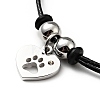 304 Stainless Steel Heart with Paw Print Charm Bracelet with Waxed Cord for Women BJEW-A125-23-2