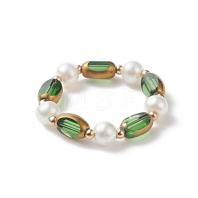 Glass Edge Plated Oval & Imitation Pearl Beaded Stretch Rings RJEW-JR00547-1