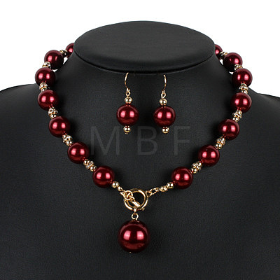 ABS Plastic Imitation Pearl Round Beaded Pendant Necklaces & Dangle Earrings Sets for Women WGD1C77-03-1