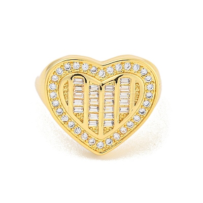 Rack Plating Heart Brass Micro Pave Clear Cubic Zirconia Cuff Finger Rings for Women RJEW-C103-08G-1