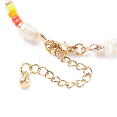 Shell Pearl & Glass Seed Beaded Bracelet with Brass Tiny Teardrop Charm for Women BJEW-TA00081-1