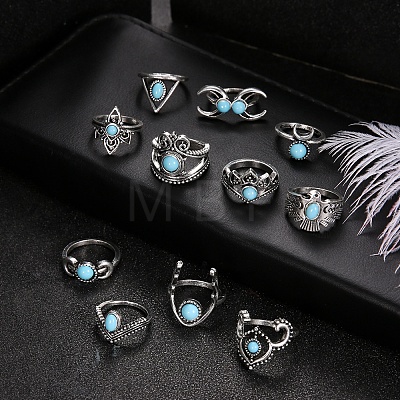 11Pcs 11 Style Synthetic Turquoise Finger Rings Set AJEW-PW0005-04AS-1