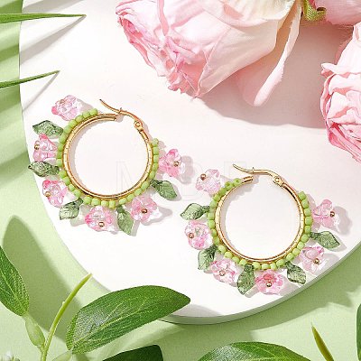 Glass Flower Hoop Earrings EJEW-TA00589-03-1