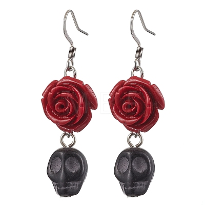 Halloween Synthetic Coral Red Flower & Synthetic Turquoise Black Skull Dangle Earrings EJEW-JE06069-S-1
