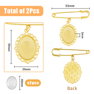 2Pcs Oval Blank Glass Dome Wedding Bouquet Photo Charms Safety Pin Brooches JEWB-AB00008-1