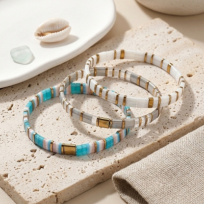 3Pcs 3 Styles Square Glass Tile Beaded Stretch Bracelet Sets with Synthetic Non-magnetic Hematite Beads for Women HZ1549-1
