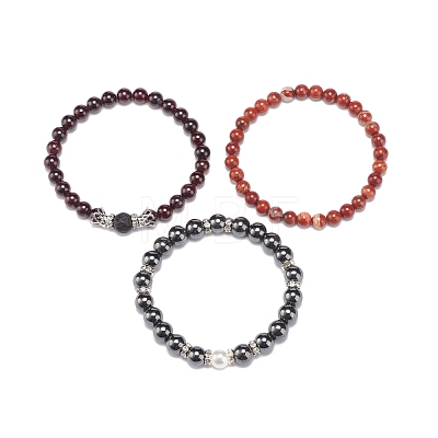 3Pcs 3 Style Natural & Synthetic Mixed Stone Round Beaded Stretch Bracelets Set BJEW-JB08586-1