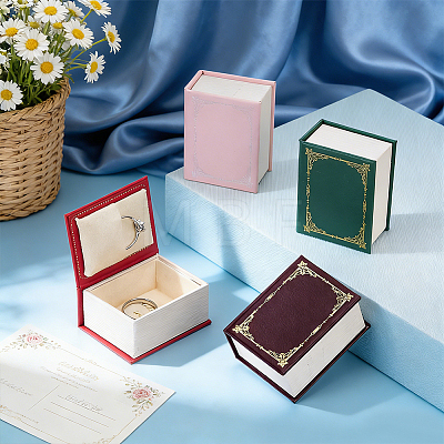 4Pcs 4 Colors Vintage Book-Shaped Cardboard Jewelry Ring Boxes with Magnetic Lid and Sheepskin Leather Inside CON-PH0003-75-1