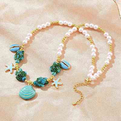 Ocean Brass Enamel Starfish Shell Shape Pendant Round ABS Imitation Pearl Beaded Necklaces KK-CBA4547-04B-G-1