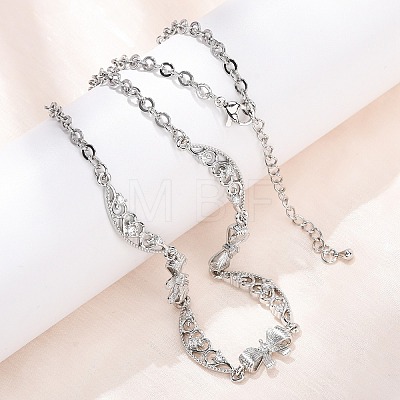 Brass Pave Clear Cubic Zirconia Bowknot and Hollow Moon Link Chain Necklaces NJEW-D348-02P-1